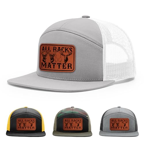 All Racks Matter, Funny Deer Elk Moose Boob Hunting Hat, 168 Style Trucker Leather Patch Hat for Men & Women, 7 Panel Baseball Cap with Snapback Enclosure