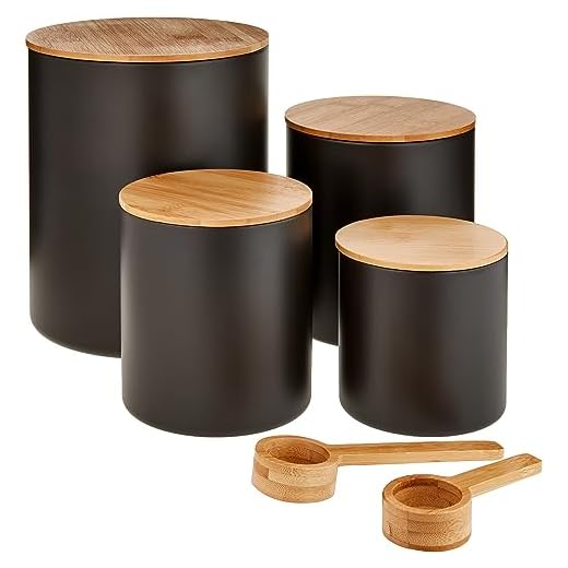 Stonewood Black Canisters, Set of 4, Sealed Kitchen Canisters with Bamboo Lid, Kitchen Containers with Bamboo Spoons & Label Stickers, Metal Coffee Jar & Sugar Container