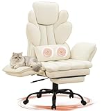 Big and Tall Office Chair, Flip Armrests Criss Cross Office Chair, Reclining Desk Chair with Foot Rest, Adjustable Headrest, Massage Waist Pillow Cross Legged Wide Seat Vanity Chair, PU Leather White