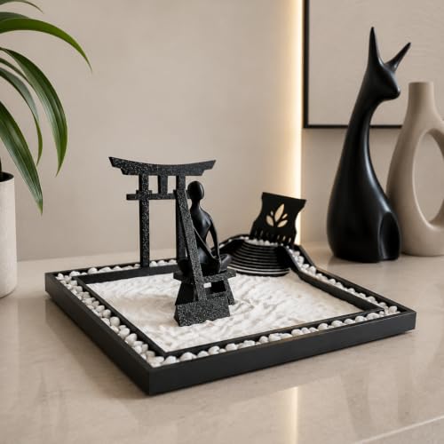 Image of Desktop Zen Garden Set, Japanese Style Meditation Sand Garden in Black PLA with mini Torii Gate and Rake, Table Decor