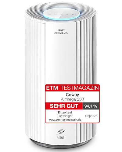 COWAY Luftreiniger für große Räume, CADR 713 m³/h, reinigt 148 m² in 30 Min., HEPA Filter gegen Rauch, Allergien, Tierhaare, Gerüche, PM10-Sensor, Energiesparmodus, AIRMEGA 350 Weiß