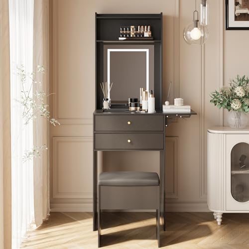 ARTETHYS Small Vanity Desk Set with 3 Adjustable Lighted Mirror and Storage Chair Mini Black Makeup Vanities Set for Bedroom Compact Make up Dressing Table with Fold-up Panel for Tiny Space - Thumbnail 7