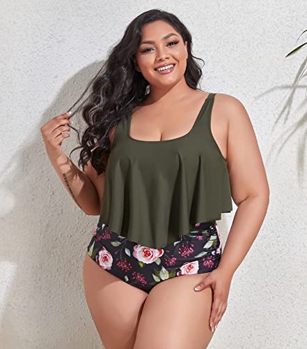 Mooncore Womens Plus Size Swimsuit High Waisted Tankini Bathing Suits Two Piece Flounce Bikini Swimsuit(Green, Xl) #TOP4