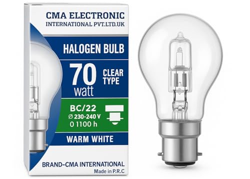 CMA INTERNATIONAL - 2 Pack 70W Halogen Energy Saver Bulbs - Eco Classic Clear Glass Bayonet B22 BC Cap - Warm White 2700K Light - Instant Full Brightness - Long Life Replacement for 60 w Traditional Bulb