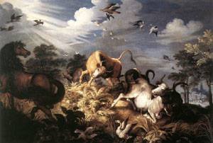 Peinture à l'huile Horses and Oxen Attacked xWolves pour sublimer la décoration d'un grand salon