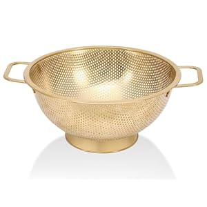 Gold Strainer for Kitchen, 3QT, Stainless Steel Colander with Handle for Fruits Vegetables Cooking Food, Dishwasher Safe