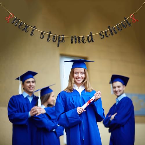 Image of Next Stop Med School Banner, Congrats Doctor /Future Doctor Party Decorations, Class of 2025 Medical School Graduation Party Decorations Supplies, Black and Red Glitter