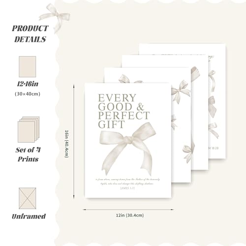 Image of LARTSFRO Coquette Beige Bow Wall Art Decor Posters, Beige Bow Christian Room Bedroom Bathroom Dorm Wall Art Decor Aesthetic for College Teen Girls Gifts, Inspirational Bible Verses Bow Wall Decor, 12x16 Inch Set of 4 Pcs Bow Pictures (UNFRAMED)