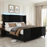 Otevehde Queen Upholstered Bed Frame with Headboard and Footboard, Boucle and Velvet Bed Frame with LED Lights, Modern Platform Bed Frame, Noiseless, Easy Assembly, Black