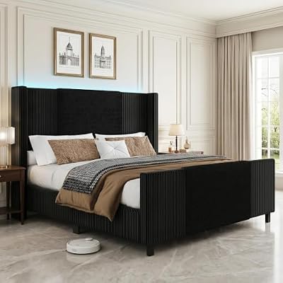 Otevehde Queen Upholstered Bed Frame with Headboard and Footboard, Boucle and Velvet Bed Frame with LED Lights, Modern Platform Bed Frame, Noiseless, Easy Assembly, Black