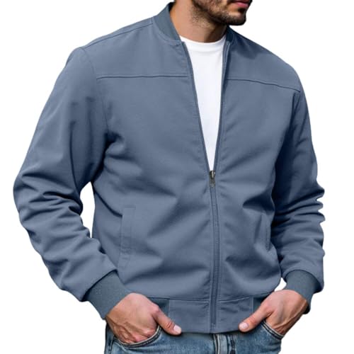 HOTYD Full Zip Bomber Jackets for Men Long Sleeve Lightweight Casual Varsity Jacket with Pockets Solid Color Fashion Fall Windbreaker Jacket Vintage Winter Jackets for Men Light Blue L