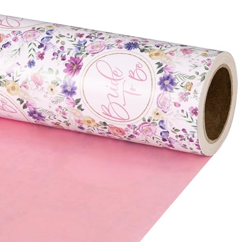 RUSPEPA Reversible Bridal Shower Wrapping Paper Roll, Mini Roll, Floral Bride To Be Pattern and Solid Pink Gift Wrap Paper for Girls, Wedding, Bachelorette Party, Engagement, 17 Inches x 16.4 Feet