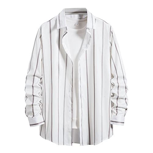 Katpost - T-Shirt De Travail Homme Automne et Hiver Mode décontracté rayé carré Poche matelassé Veste Haut Chemise Manteau Métiers Tisser T Shirts (White, XL)