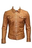  Homme Marron Toile Jeans Trucker en Cuir Chemise véritable Motard Veste S