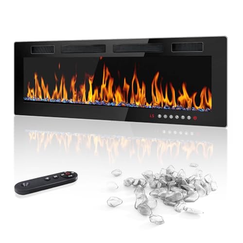 LEMBERI 60 inch Electric Fireplace Recessed and Wall Mounted,750/1500W Fireplace Heater and Linear Fireplace with Touch Screen Control Panel, Timer,Remote Control,Adjustable Flame Color and Speed