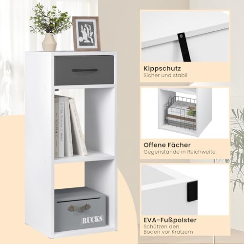 WOLTU Bücherregal mit 3 Ebenen, Standregal mit 1 Stoffschublade 2 Würfeln, offenes Regal, Aufbewahrungsregal klein, für Wohnzimmer Schlafzimmer Kinderzimmer, 32,4x80x30 cm, weiß, SK055ws