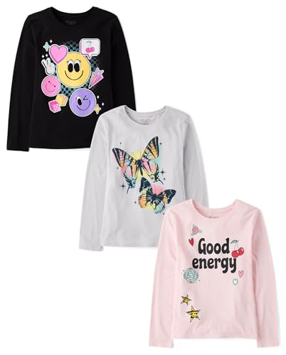 The Children's Place,Girls,Assorted Everyday Long Sleeve Graphic T-Shirts,Positive/Emojis/Butterfly 3-Pack,Medium