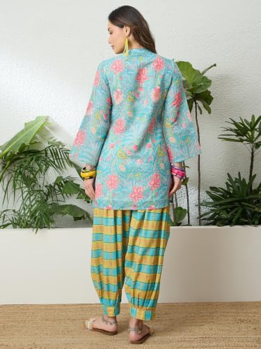 Image of EthnicJunction Women's Linen Floral Print Summer Wear Straight Short Kurti With Afghani Pant Set | Co Ord Set for Women Stylish | Fusion wear Women