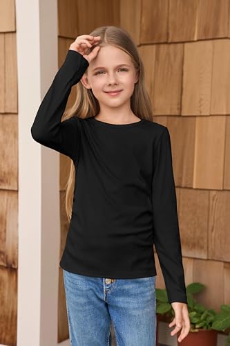 Haloumoning Girls Long Sleeve Shirts Crewneck Ruched Side Slim Fit Tops Ribbed Knit Casual Tee Shirt 4-15 Years2