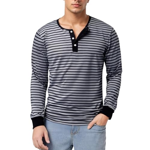Generisch Camiseta de manga larga para hombre, a rayas, con botones, holgada, de secado rápido, informal, elástica, ropa de calle, camiseta de fitness sencilla, para jóvenes, gris, XXL
