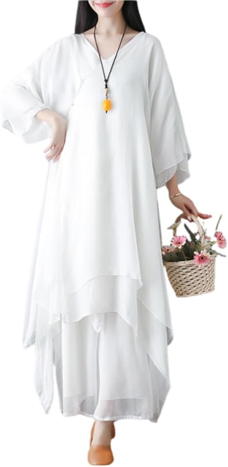 Women Yoga Set Linen Loose Casual Workout Tai Chi Kung Fu Sport Suit Retro Tea Dress Two Piece Set