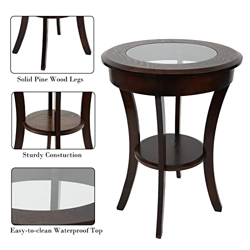Ecomex Round End Table With Storage Shelf Glass Top, Accent Side Table Round Side Table For Small Space Bedroom Living Room(Brown) #TOP3