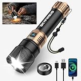 SKYFIRE Lampe Torche Tactique LED Ultra Puissante 50000 Lumens   Zoom Réglable, Lentille d'Allumage, 4 Modes d'Éclairage, Fonction Powerbank, Étanche IPX6 pour Outdoor, Camping (Noir et or)