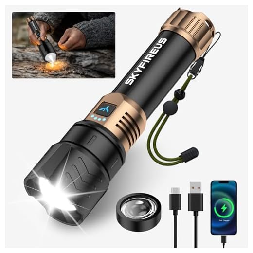 SKYFIRE Lampe Torche Tactique LED Ultra Puissante 50000 Lumens - Zoom Réglable, Lentille d'Allumage, 4 Modes d'Éclairage, Fonction Powerbank, Étanche IPX6 pour Outdoor, Camping (Noir et or)