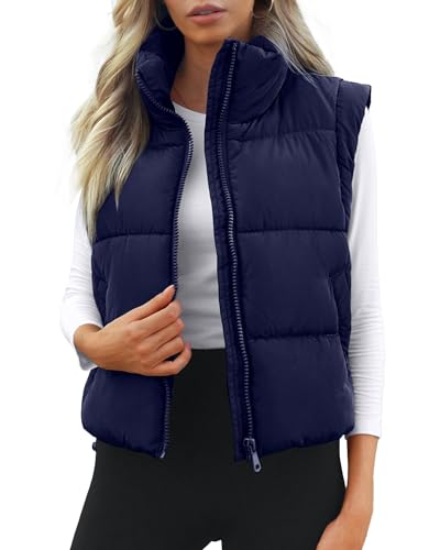 Cityork Women's Puffer Vest Lightweight Sleeveless Winter Outerwear Full Zipper Warm Padded Gilet Jacket Coat with Pockets Navy Blue S