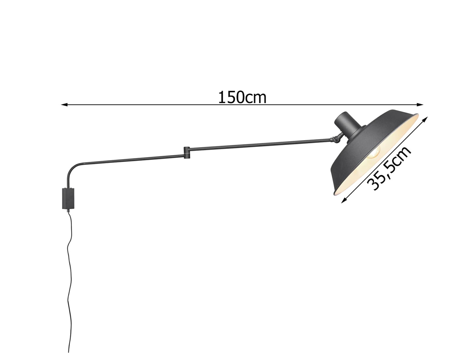 Wandleuchte schwenkbar mit Stecker und Schalter, max. Ausladung 150cm