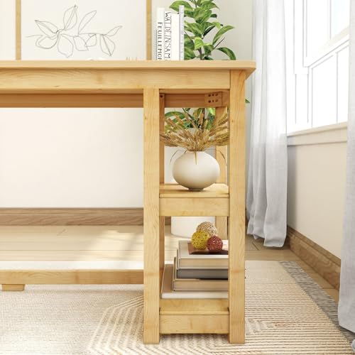 Plank+Beam 47\" Computer Desk with Bookshelves, Solid Wood Legs & Engineered Wood Top, Modern Writing Desk with Storage Shelves, Natural Finish