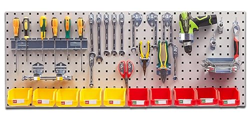Image of Plantex Tool Organizer for Workshop /Metal Pegboard for Garages /Tool Storage Board /Hanging Pegboard - 120 x 45 cm (Silver)