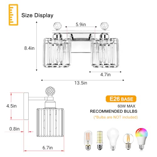 Image of Lxybcce Modern 14In 2-Lights Bathroom Vanity Light, Crystal Bathroom Light Fixtures, Chrome Vanity Light Fixtures Over Mirror, Easy Installation & Shadow-Free Illumination for Bathroom Mirror Decor