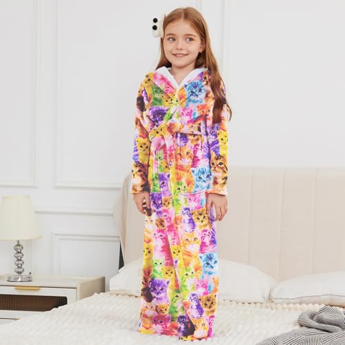 Image of Jxstar Girls Bathrobes Kids Long Hooded Robes Plush Full Length Coral Fleece Pajamas Sleepwear