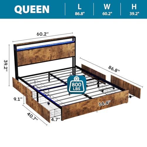 Kiivakii Queen Size Bed Frame with 4 Storage Drawers, LED Platform Bed with Headboard, Built in Charging Station, Noise-Free, Metal Support Base, No Box Spring Needed, Rustic Brown