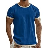 Linen Shirts for Men Casual Short Sleeve Crewneck Tshirts Lightweight Summer Vacation Trendy Tops Mens Shirts Short Sleeve Blue L