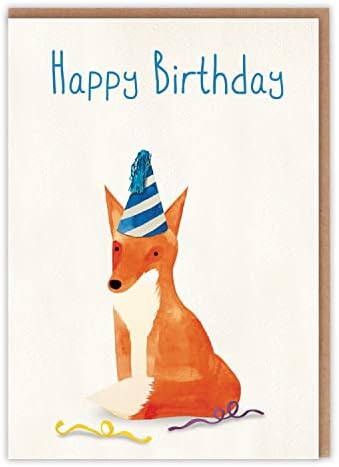 Beautiful Animal Birthday Card - Watercolour of a Cute Fox Wearing a Party Hat - Adorable Animal Happy Birthday Card For Her For Him - For Adults For Children