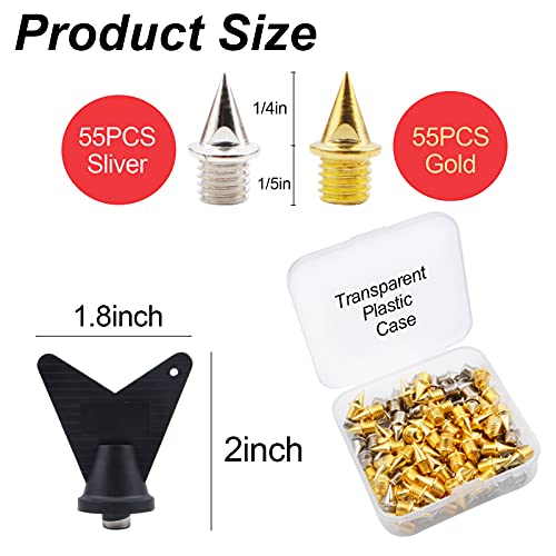 110 Pieces 1/4 Track Spikes, Steel Spikes for Track Shoes, 1/4 Pyramid Track Shoes Spikes Replacements with 1 Pieces Spike Wrench for Track Field Sports Running and Cross Country (Gold and Silver) - Thumbnail 2