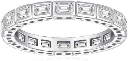 Yaresul Moissanite Wedding Band, Emerald Cut Moissanite Eternity Band, Moissanite Ring for Women, Bezel Setting D Color VVSI Clarity, White Gold Plated Size 7