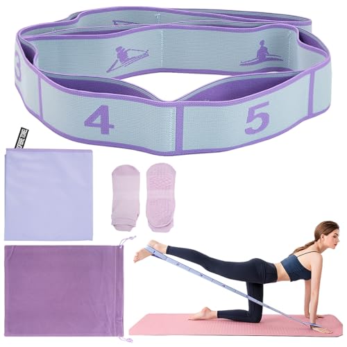 Nureeca Yoga Strap Set with Resistance Band, Towel & Non-Slip Socks, 8-Level Adjustable 90cm Fitness Belt for Stretching, Pilates, Workout and Dance,