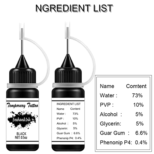 Freehand Ink Temporary Tattoo Kit Jagua Gel Semi Permanent Tattoo 3 Bottles Black 1.5Oz Temp Tattoos For Women Men Kids Body Art Markers 30 Pcs Free Stencils Diy Tattoos Fake Freckles Kits #TOP1