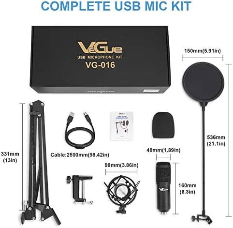 USB Microphone Kit, VeGue Boom Arm Mic PC Condenser Microphone Set with Shock Mount, Pop Filter, Ideal for Gaming, Streaming, Podcast, YouTube Video, Recording Music, Voice Over, Home Studio (VG-016)