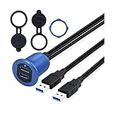 Kework 3.3ft Dual Ports USB 3.0 Flush Mount Cable, USB 2 Ports Male to 2 Ports Female Extender Dashboard Panel Mount Extension Cord for Car Truck Boat Motorcycle, Blue Metal Shell, LED Light