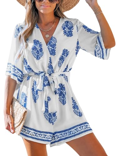 CUPSHE Damen Jumpsuit V-Ausschnitt Kurzarm Strampler mit Gürtel Weites Bein Ethnischer Overall Elegant Lose Hosenanzug W...