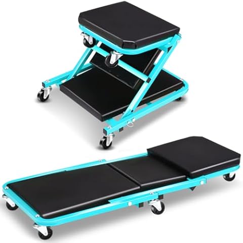 D SOLUTIONS Foldable Creeper, 2-in-1 Rolling Garage Z Creeper Car & Seat, 36" Roller Mechanics Under Car Chair, 330 LBS Weight Capacity Heavy Duty, Ocean Blue Cover