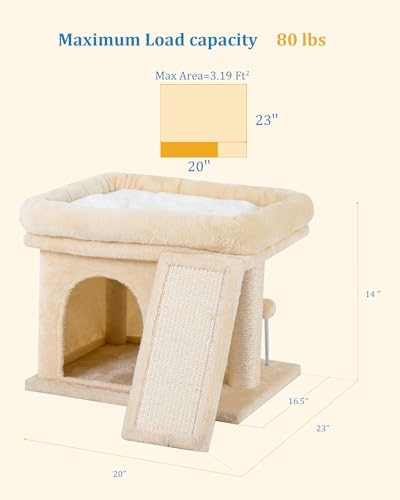 Aechonow Small Cat Tree Tower for Large Cat, Cat Bed House with Large Perch for Adult Cats, 20 * 16.5 Inch Big Platform for Indoor with Super Cozy Soft Mat, Large Cat Condo with Scratching Post, Beige