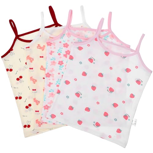 4 Pack Girls Tank Tops - Cotton Camisoles with Cute Prints (Cherry, Cat, Garden, Strawberry) - Breathable Undershirts for Toddlers Ages 100-110Cm