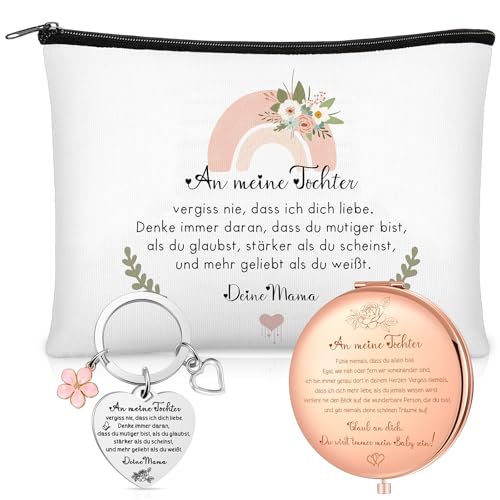 Xuniea Geschenkset für Tochter von Mama 1 Personalisiert Schminktasche 1 Tragbarer Kosmetikspiegel 1 Schlüsselanhänger Geschenke für Tochter zum 18. Geburtstagsgeschenk