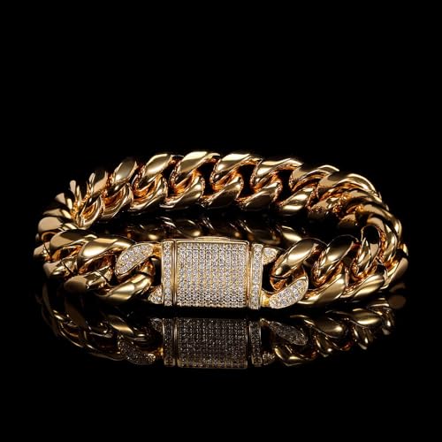 14K Gold Hip-Hop Men's Bracelet with 12mm Cuban Chain, Real Gold Inlaid Moissanite, Flip Clasp, Luxurious and Stylish2
