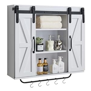 VEVOR Armario de Pared para Baño con 2 Puertas Correderas y Estantes Ajustables, Armario Colgante con Divisor Abierto, Toallero y Ganchos en Forma de S para Cocina e Inodoro, 780 x 220 x 775 mm